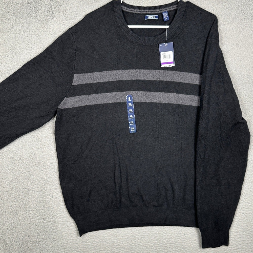 NEW IZOD Sweater Mens 2XL 7GG Stripe Crew Black Striped Crewneck Knit Pullover